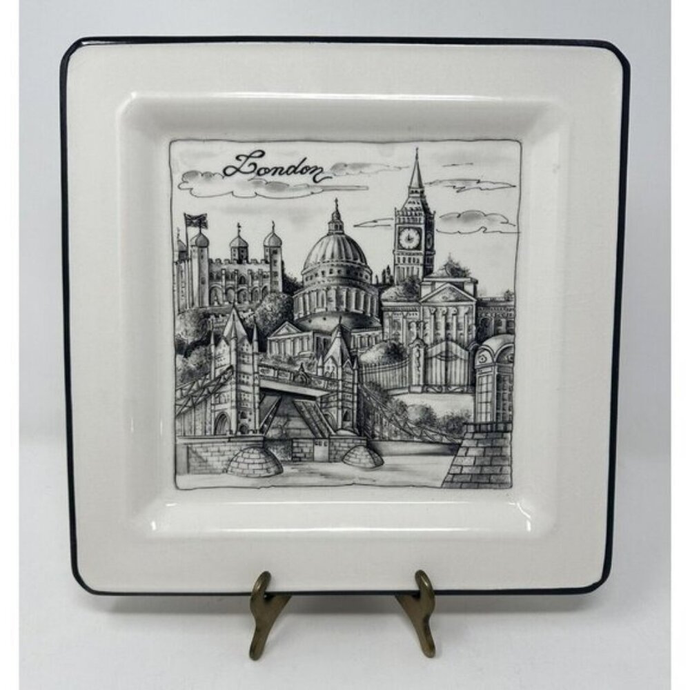 BRUNELLI CITIES LONDON Square Dinner Plate Black White Wall Decor Made In Italy